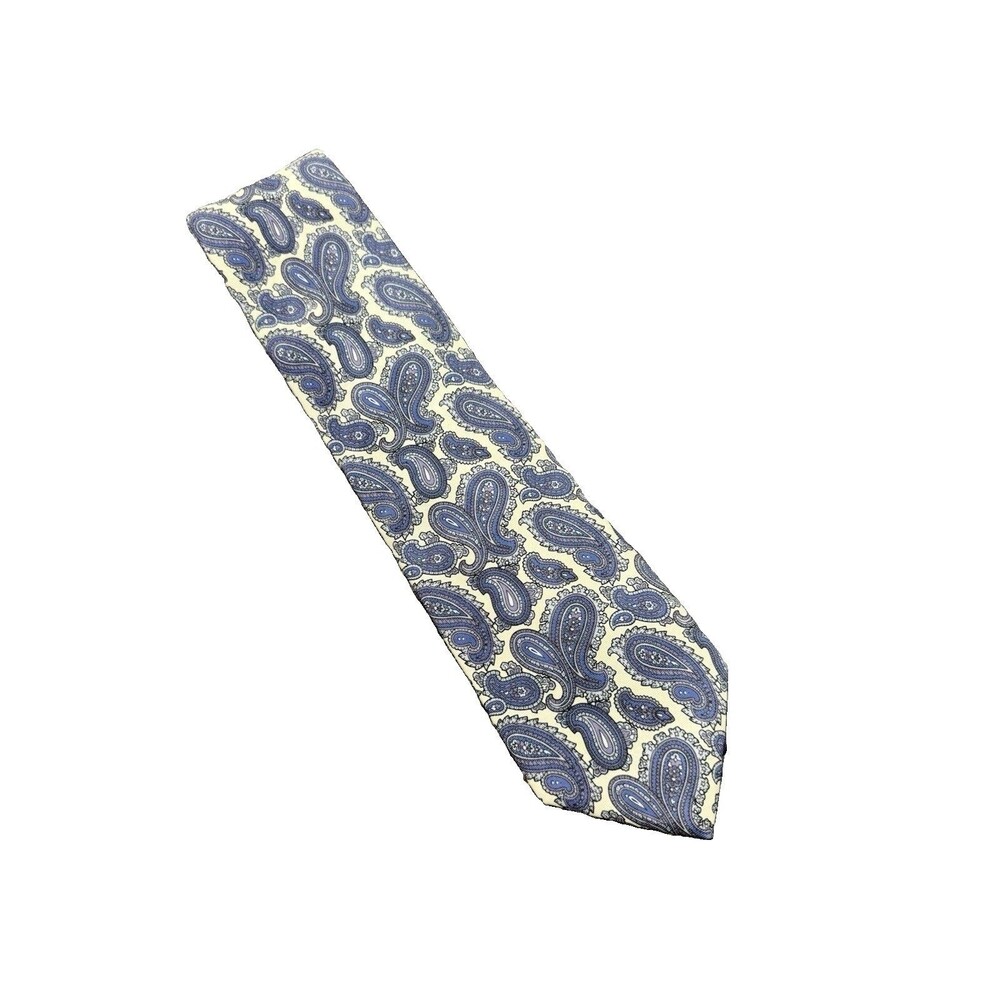 Vintage 80s 90s Regent Paisley Tie Blue Cream Wide Made USA Retro Preppy